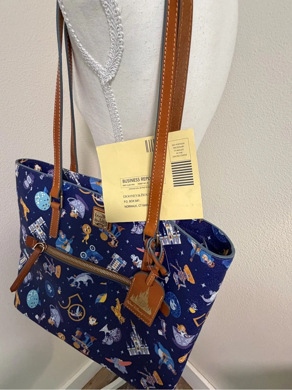 Dooney & Bourke Navy Blue 💙 Disney 50th Anniversary Tote Tan Trim Alice Dumbo
